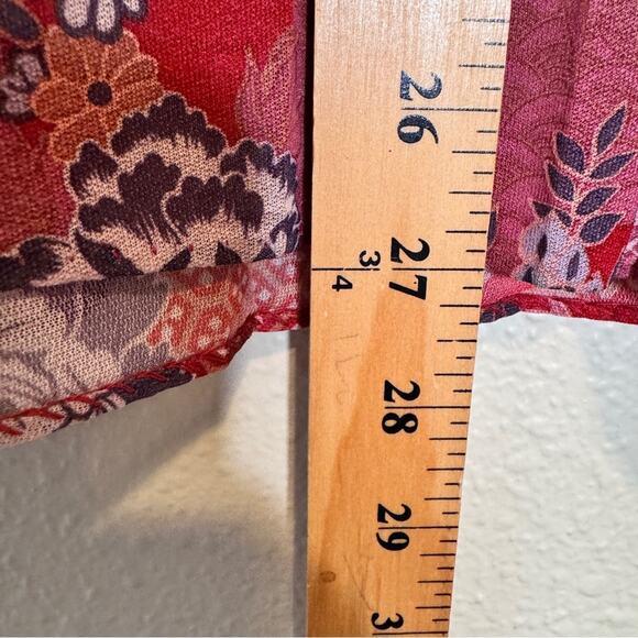 Vintage 70s Red Floral Pleated Knee Length Skirt Womens 16 Sheer Boho Peasant - Picture 5 of 10